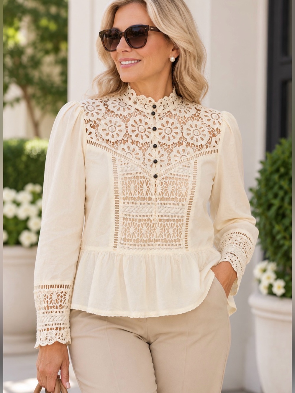 Plenty by Tracy Reese Ivory Cotton Crochet Lace Victorian Romantic Large blouse